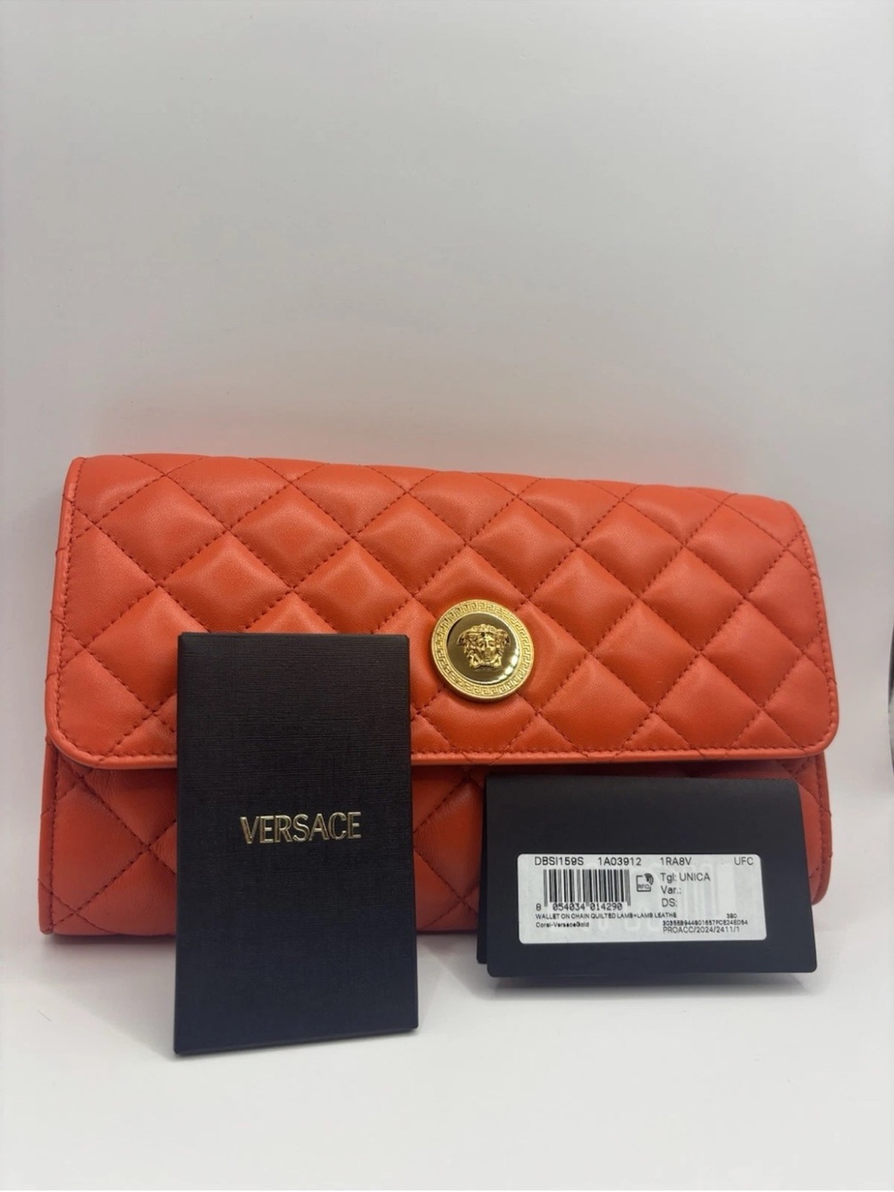 Versace Quilted Coral-Red Chain Shoulder Bag $ 1795 Retail - Picture 11 of 14